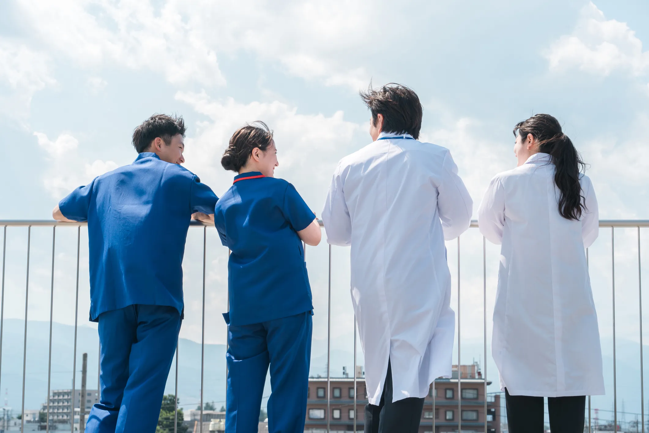 Medical staff on a hospital rooftop